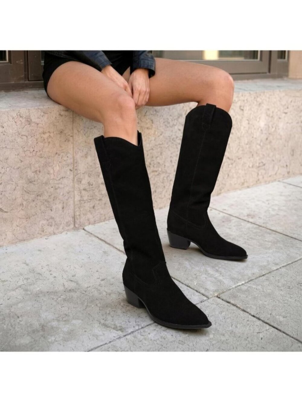 DREAM PAIRS Women's Black Cowgirl Knee High Boots Pointed Toe Low Block Heels - Picture 3 of 6